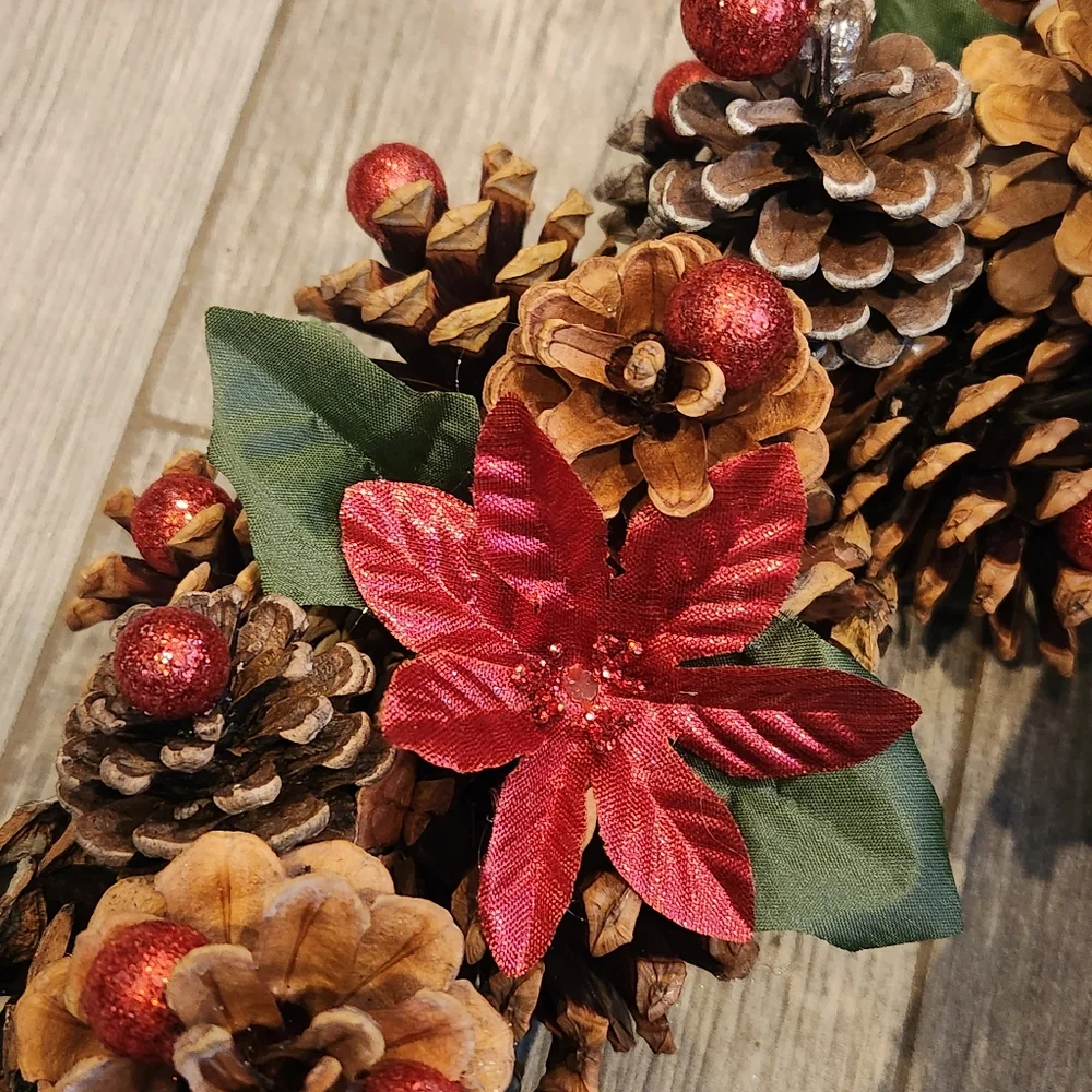 Handmade Rustic Red Poinsettia & Winter Greens Pinecone Wreath
